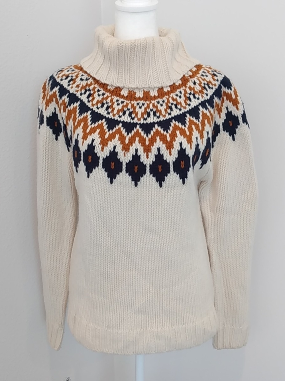 Rachel Zoe Cream Geometric Fair Isle Turtleneck Knit Sweater Cute Cozy Cabincore